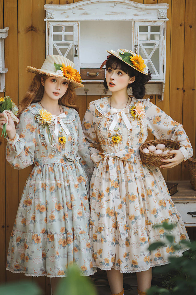 Green Sunflower Long Sleeve Floral Bow Elegant Lolita Dress