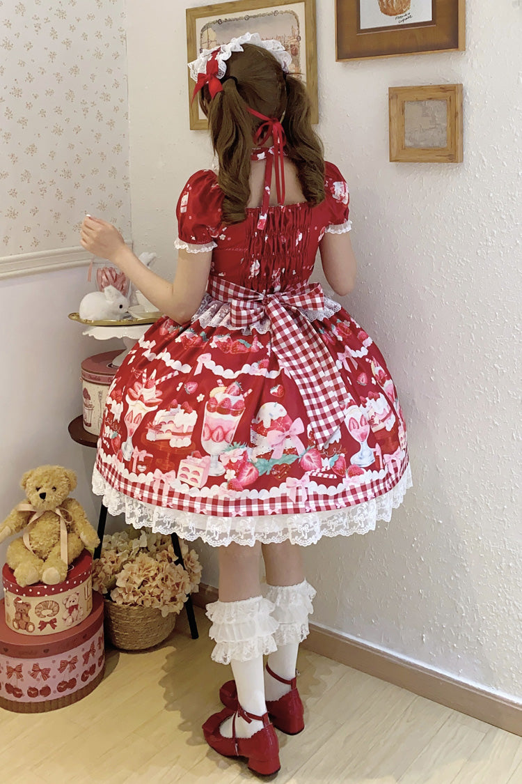 Crimson Strawberry Parfait Pattern Short Sleeve Bow Lace Corset Sweet Lolita Gown