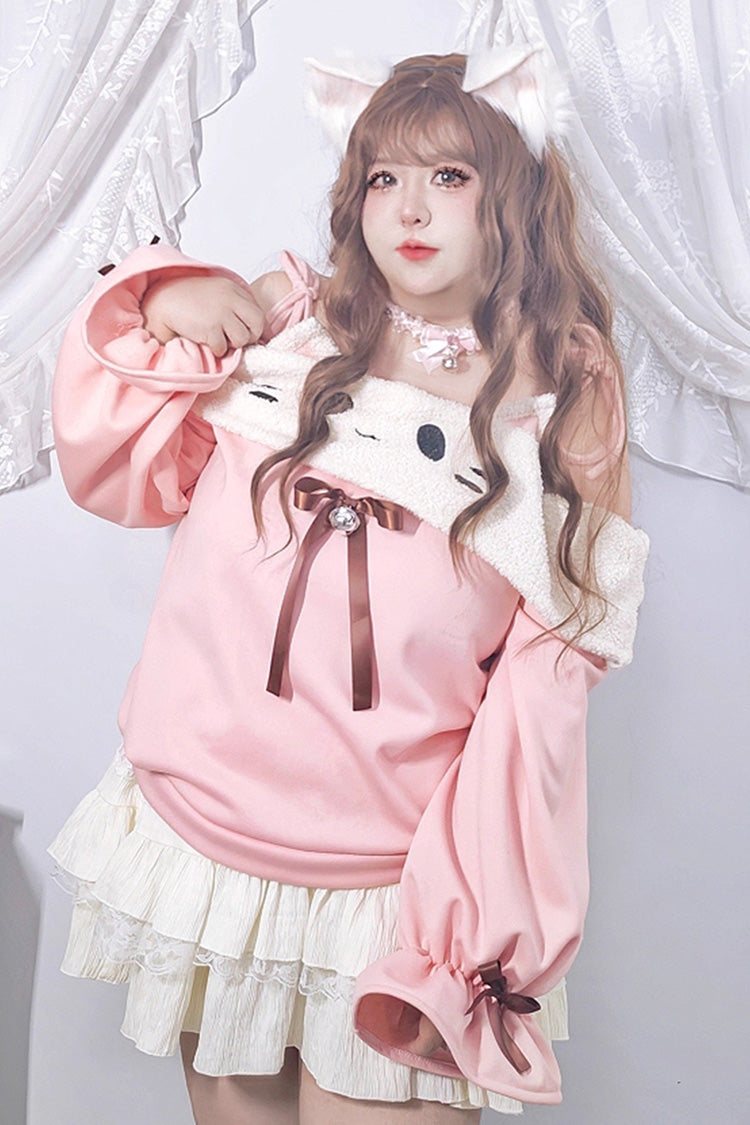 Kitten Lolita Skirt Set with Boat Neck & Lantern Sleeves