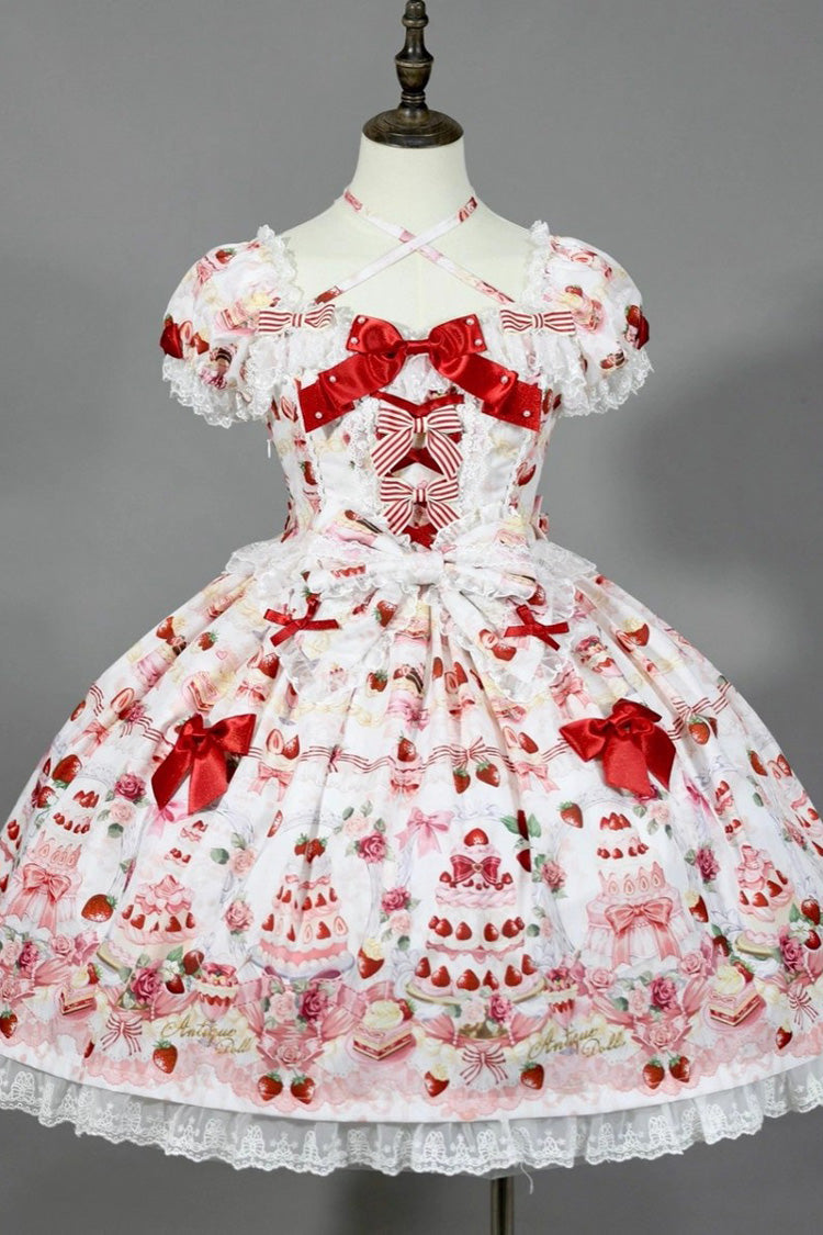 Strawberry Cake Bouquet Print Square Collar Short Sleeve Bow Lace Sweet Lolita Dress - 3 Colors