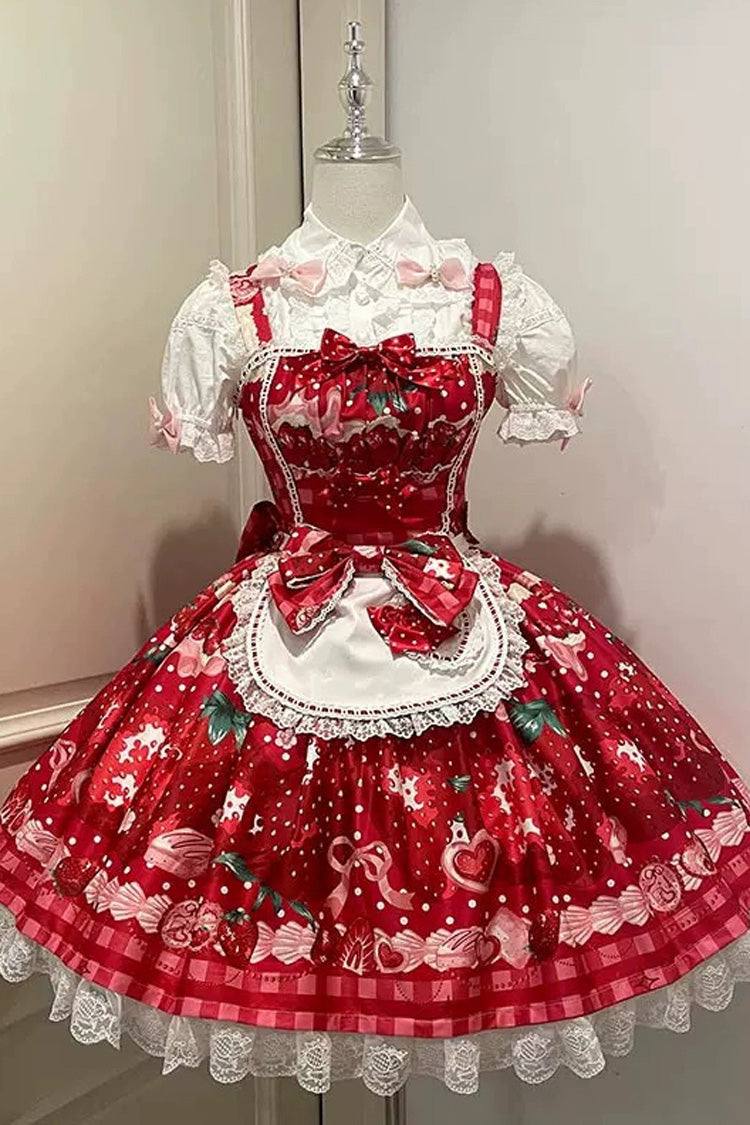 Dream to Strawberry Print Ruffled Bow Lace Sweet Lolita JSK Dress - 4 Colors
