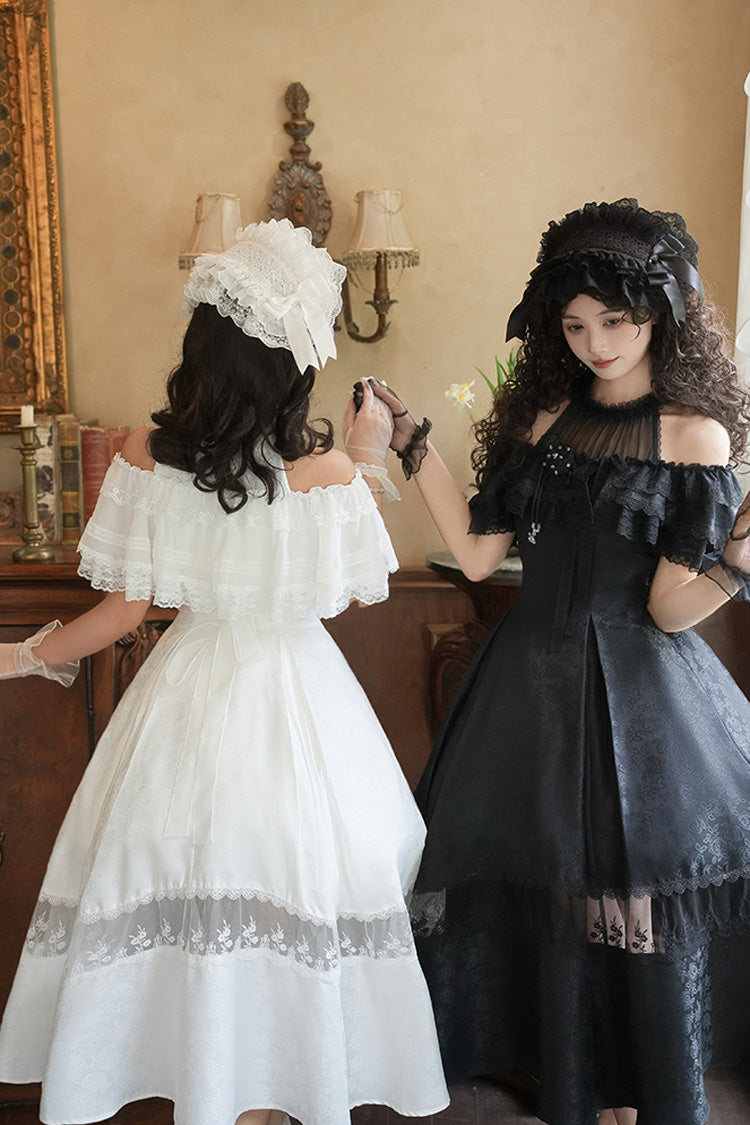 Onyx Off Shoulder Halterneck Printed Ruffle Gothic Elegant Dress - Flowers in the Mist