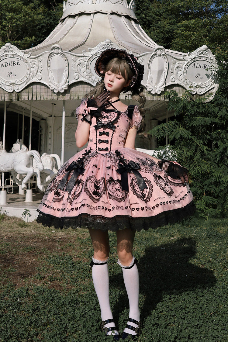 Blush Square Collar Embroidered Bow Lolita Dress with Train - Sugar Bear