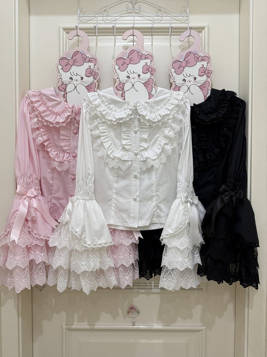 Shirt Bunny White Pink Black / Sleeves Collar Ears Long