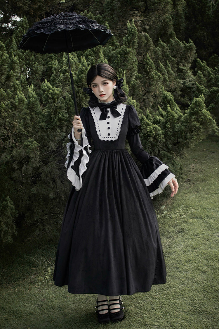Black Sleepless Night Long Hime Sleeves Ruffle Bow Gothic Dress