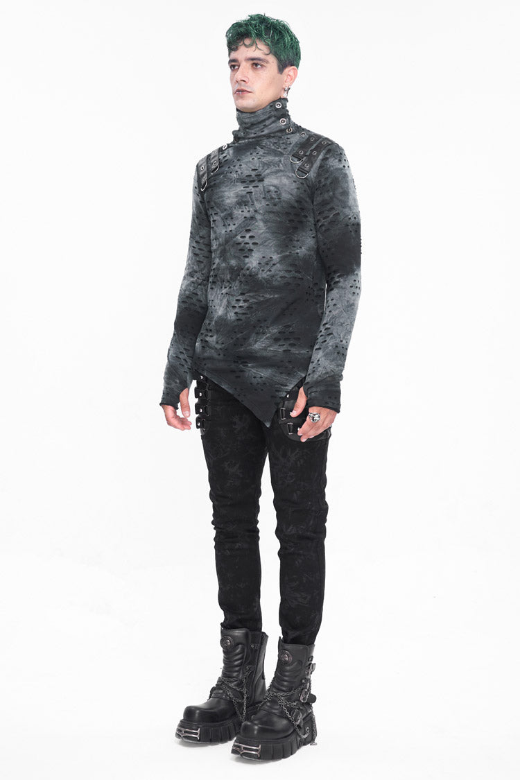 Men's Punk Shirt with Irregular Ripped Details, Stand Collar, Grey/Black