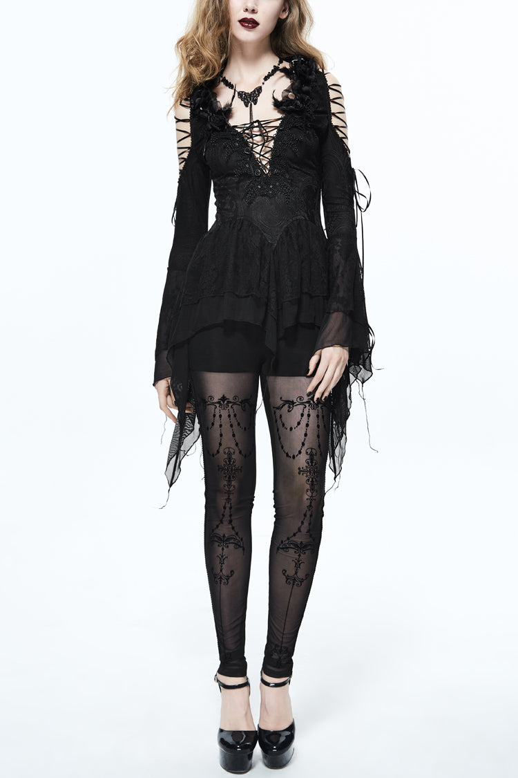 Gothic Knit Tee for Her with V-Neck Lace Flare Sleeves & Rose