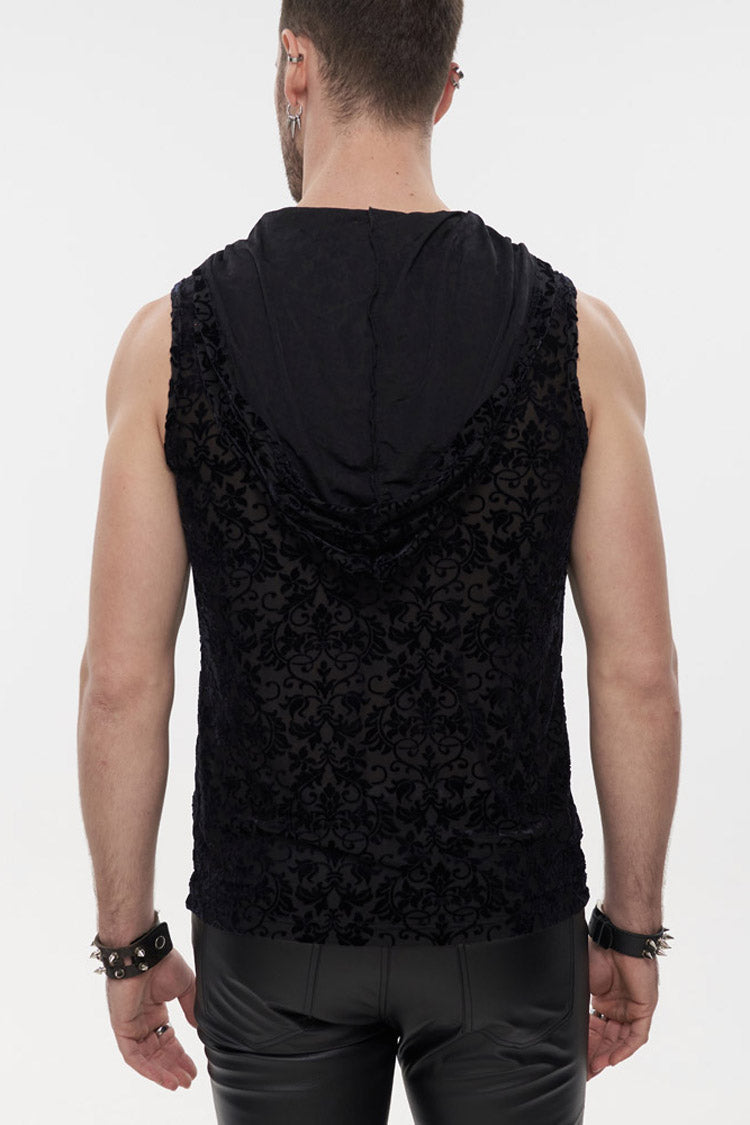 Velvet Jacquard Chest-Tie Sleeveless Punk Hoodie Shirt