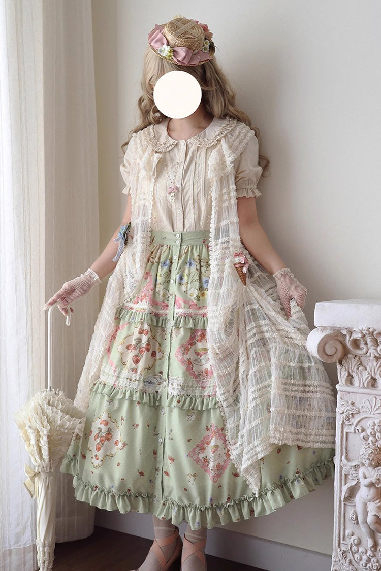 Green Cat Rose Tea Print Daily Sweet Lolita Skirt