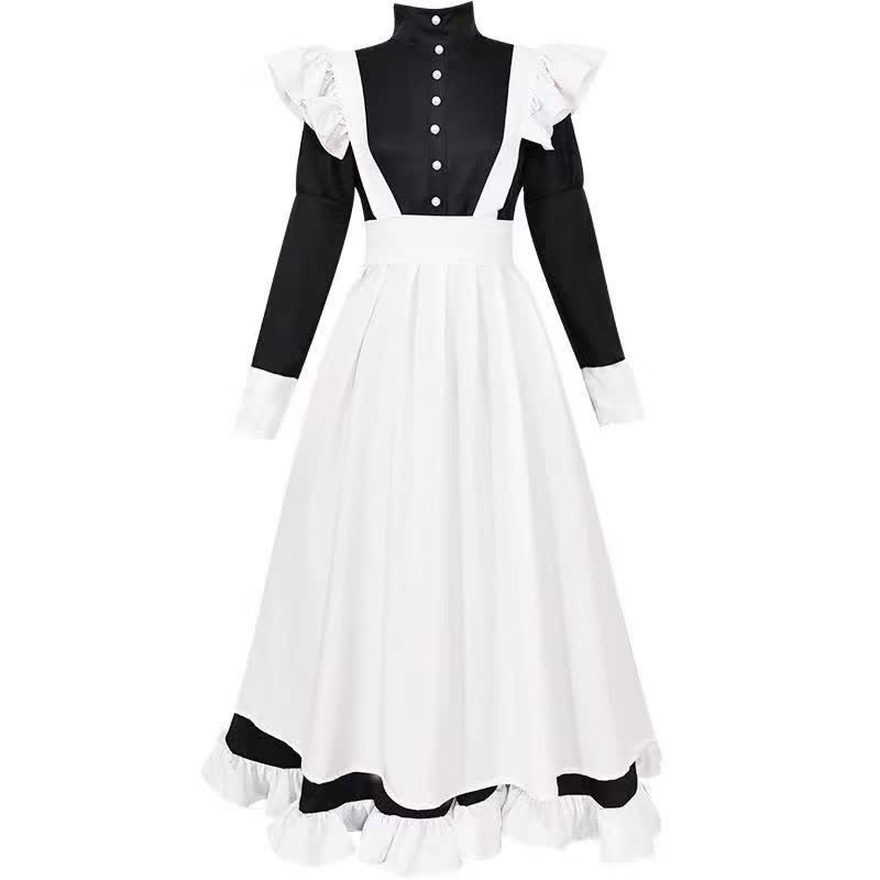 Black Neutral Button Ruffled Maid Dress