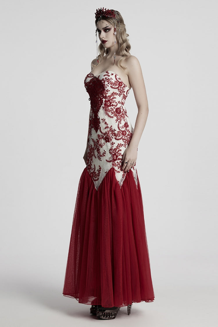 Crimson Off-Shoulder Embroidered Lace Slim Gothic Fishtail Gown