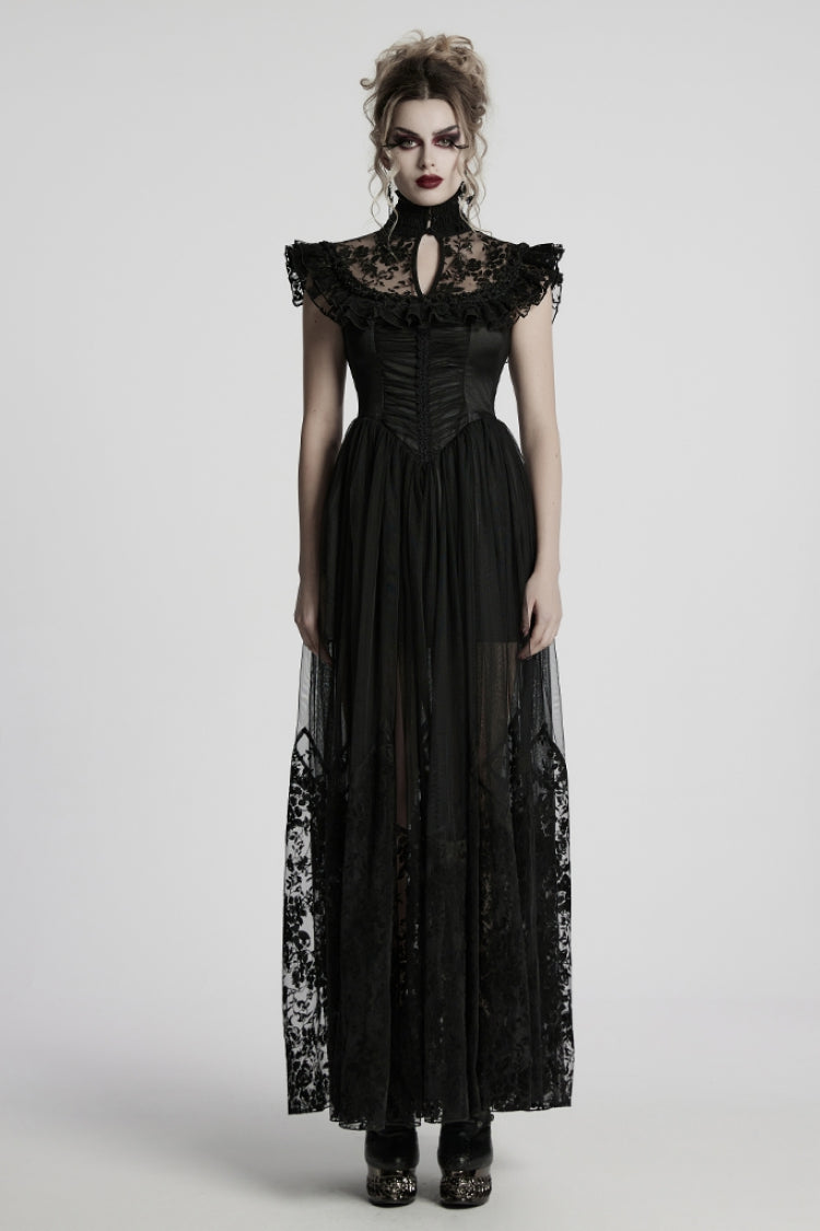 Black Stand Collar Cutout Embroidered Flocking Mesh Gothic Formal Gown