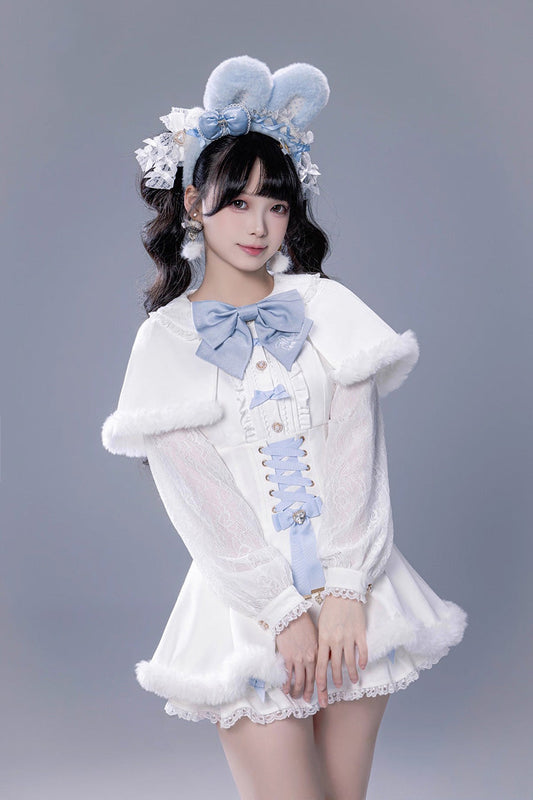 White Long Sleeve Ruffled Bow Lace-Up Jirai Kei Plush Set