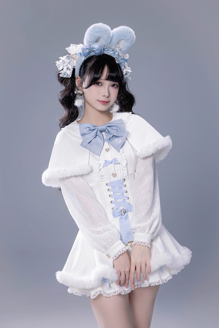 Ivory Ruffled Bow Lace-Up Japanese Dark Jirai Kei Plush Set