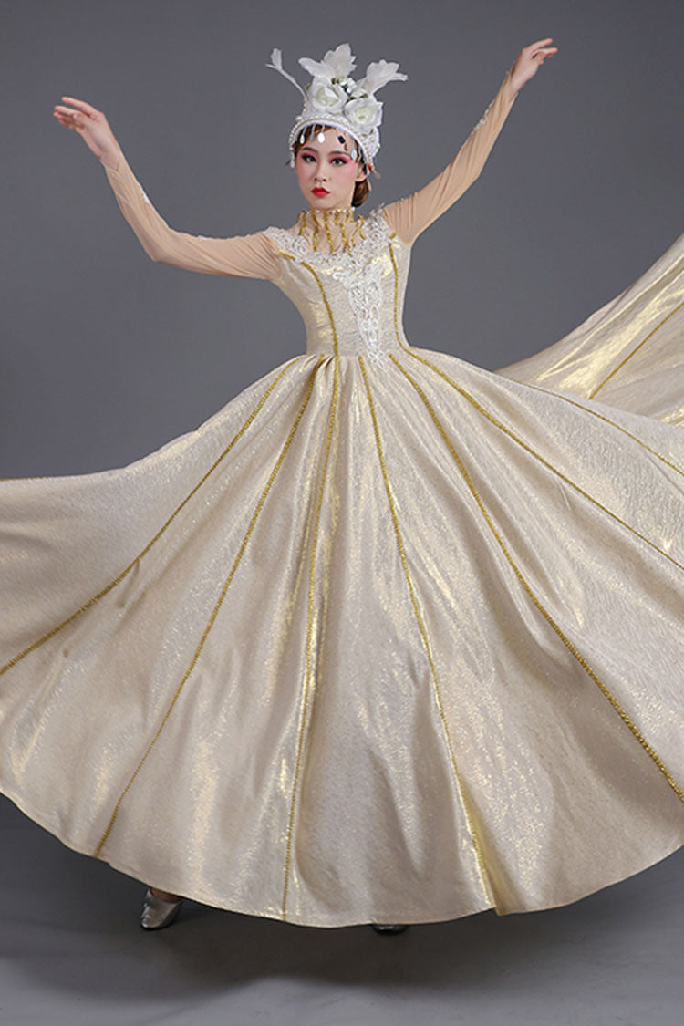 Gold Embroidered Victorian Gown with High Waist - Altfashion Shop