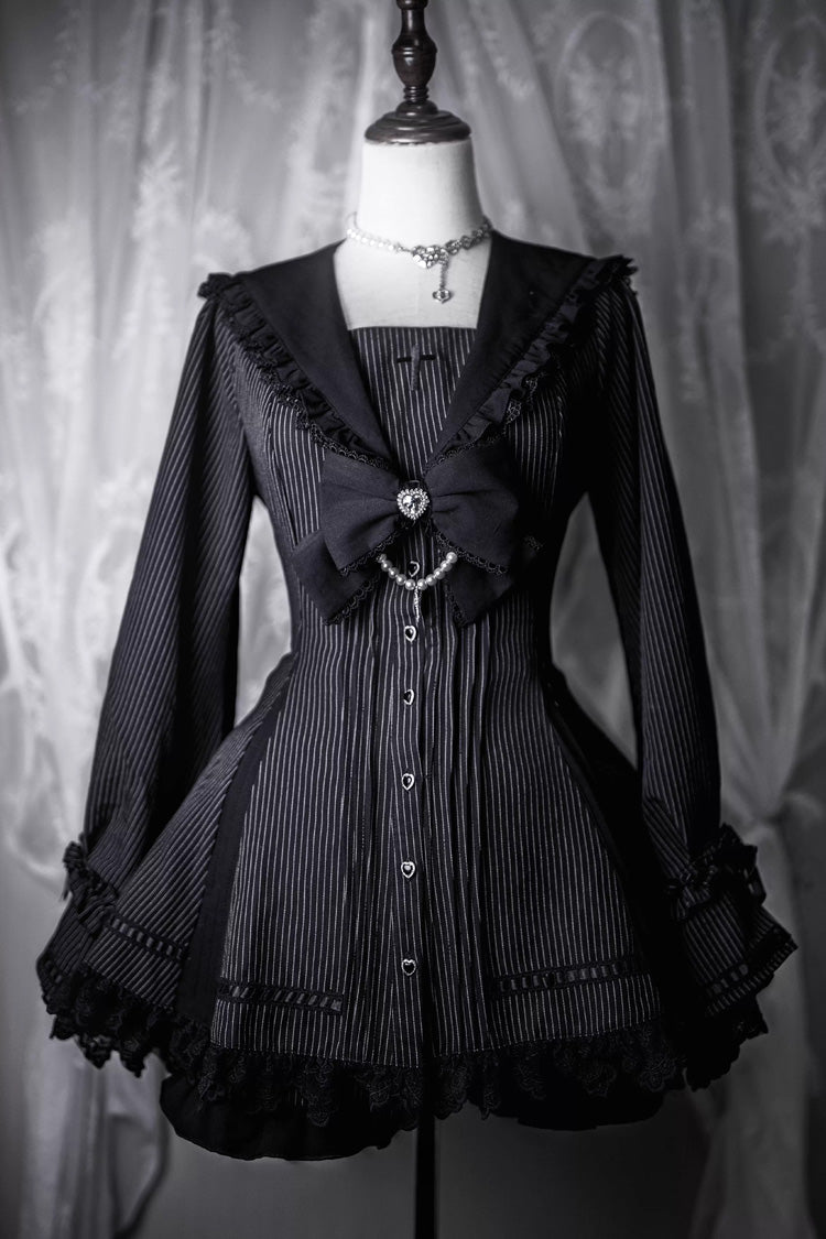 Dark Night Prayer Square Collar Long Sleeve Bow Lace Pearl Sweet Jirai Kei Dress and Shorts Set