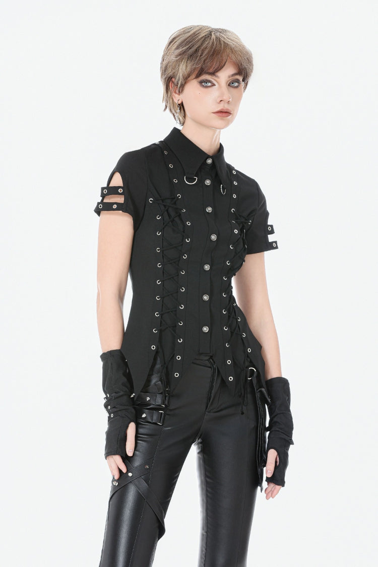 Punk Blouse with Turn-Down Collar and Lace-Up Eyelets