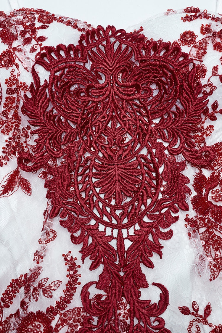 Crimson Off-Shoulder Embroidered Lace Slim Gothic Fishtail Gown