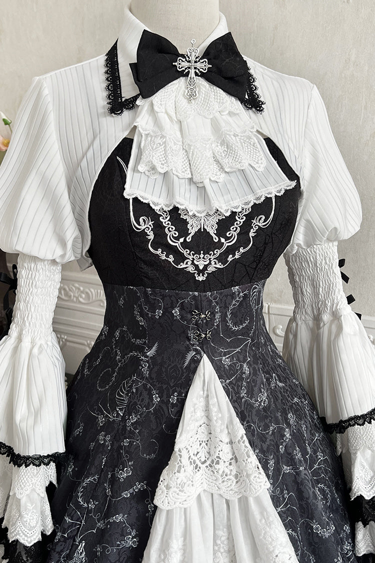 Monochrome Gothic Princess JSK with Bone Print, Ruffled Cardigan, and Lace