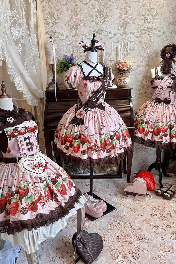 Sleeveless Printed Ruffled Embroidered Bow Lace Sweet Lolita Strap Dress - Strawberry Chocolate Lover