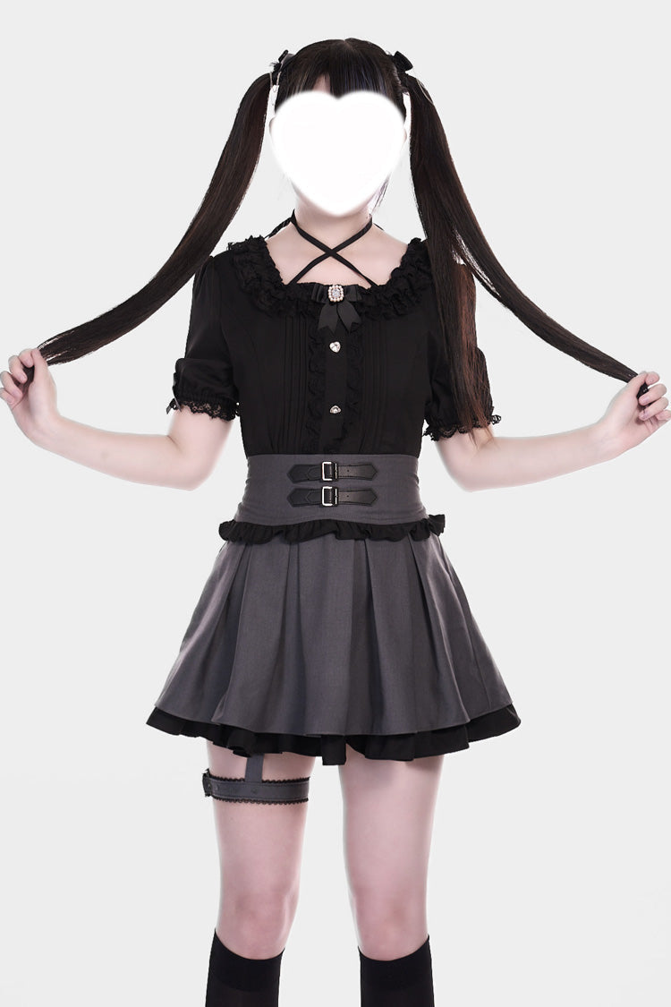 Japanese Jirai Kei Skirt with Leather Buckle, Double-Layered Ruffle, Grey/Black