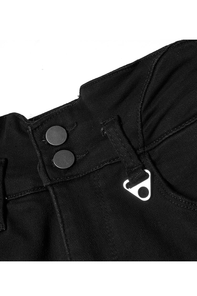Punk Denim Pants with Metal Decor and Crossed Straps