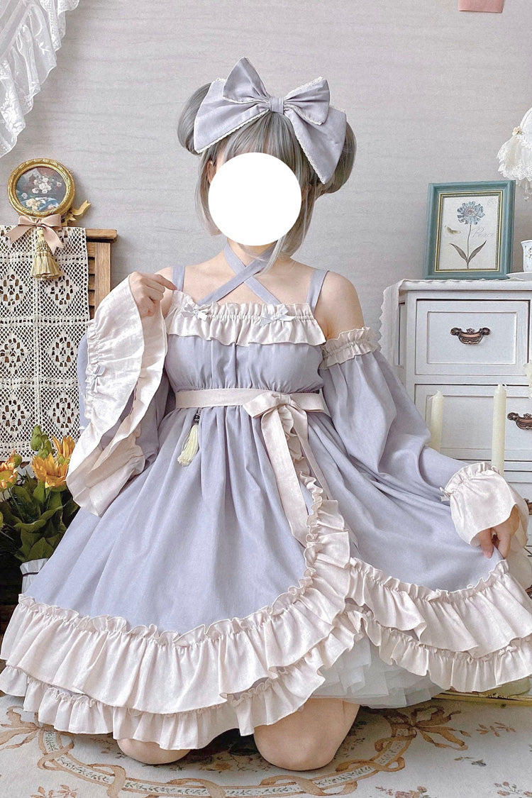 Sweet Lolita JSK Dress with Asymmetric Ruffle, High Waist, Grey Monet Estate