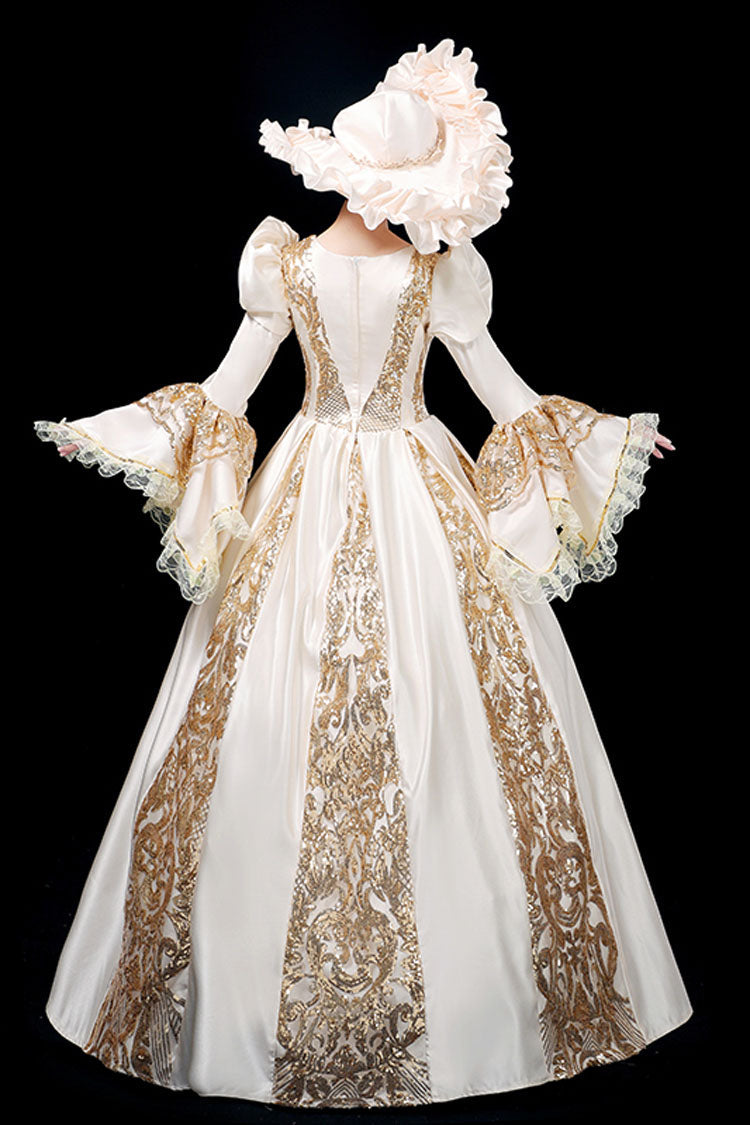 Golden Hollow Print Victorian Gown - Trumpet Long Sleeves