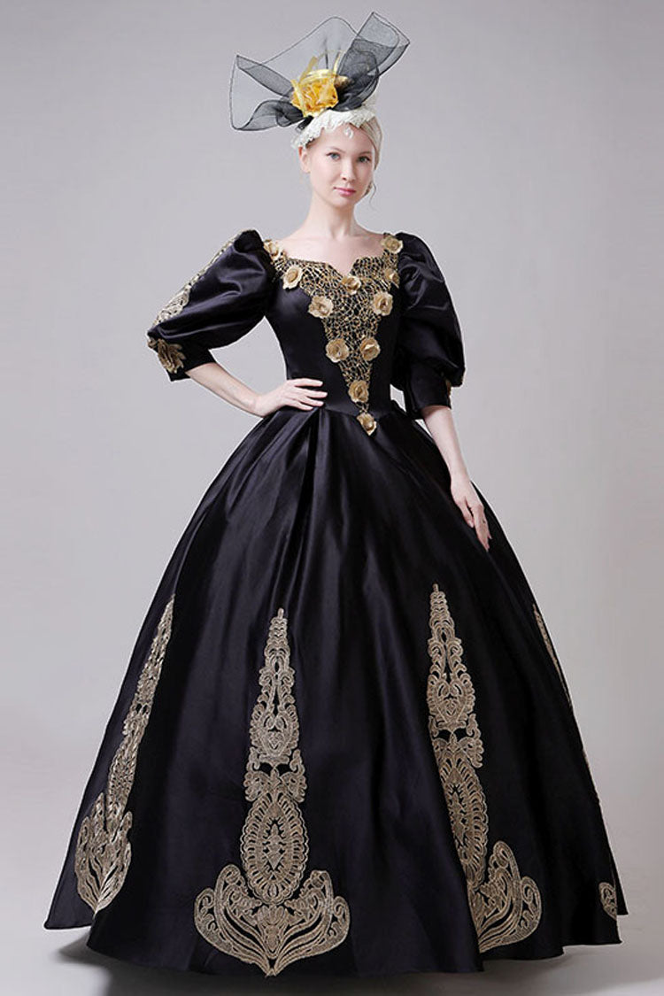Golden Floral Hollow Print Victorian Gown - Boat Neck Half Sleeves