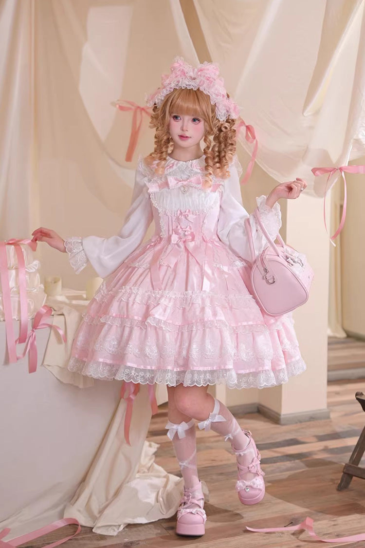 Pink Mist Sweet Dream Sleeveless Double-Layered Ruffled Bow Sweet Jsk Dress