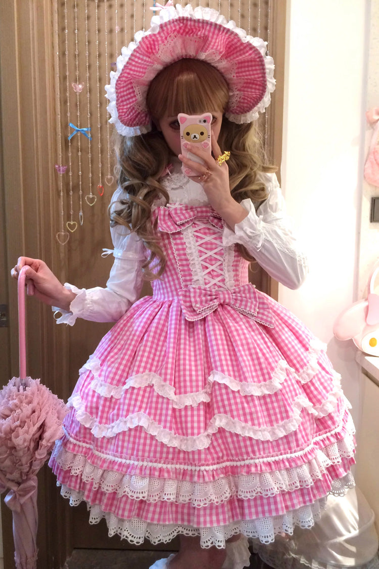 Pink Plaid Floral Ruffle Lace Up Sweet Lolita Dress
