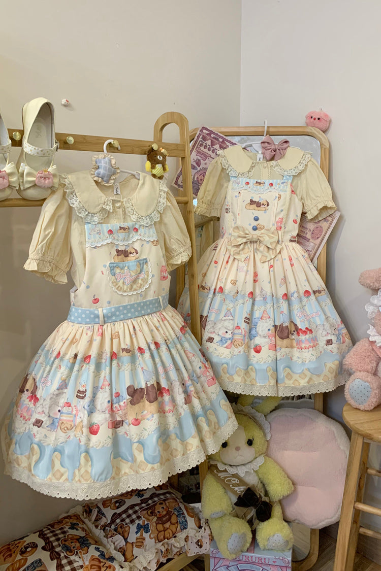 Party Print Bowknot Stitching Lace JSK Dress - Cream - Tri-Color