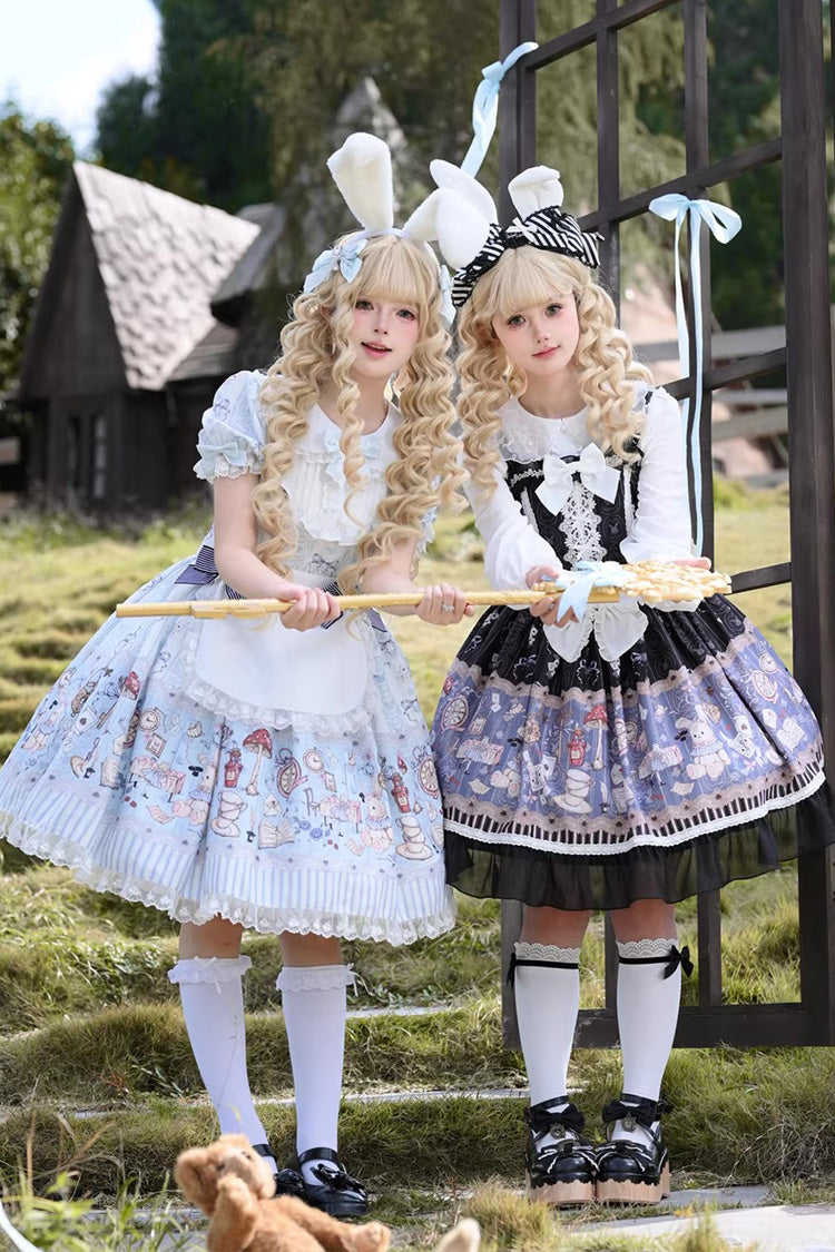 Black Alice’s Fantasy Tale Square Collar Sleeveless Printed Bow Gothic Dress