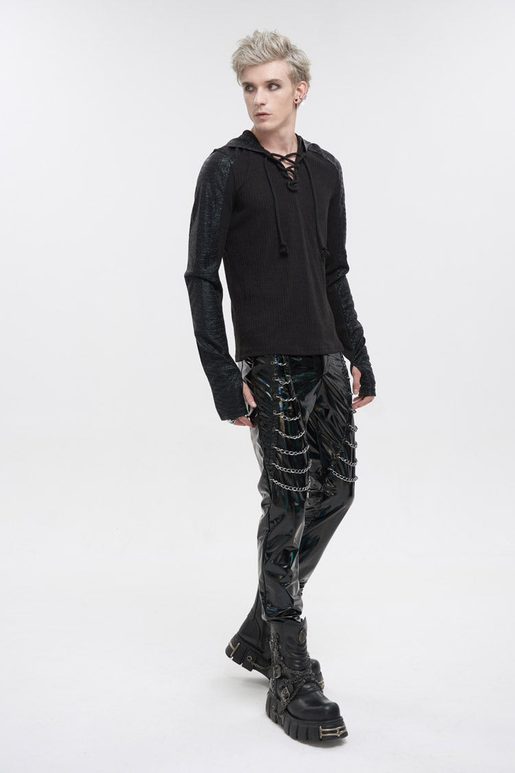 Dark V-Neck Knit Hooded Punk Tee with Tether Design