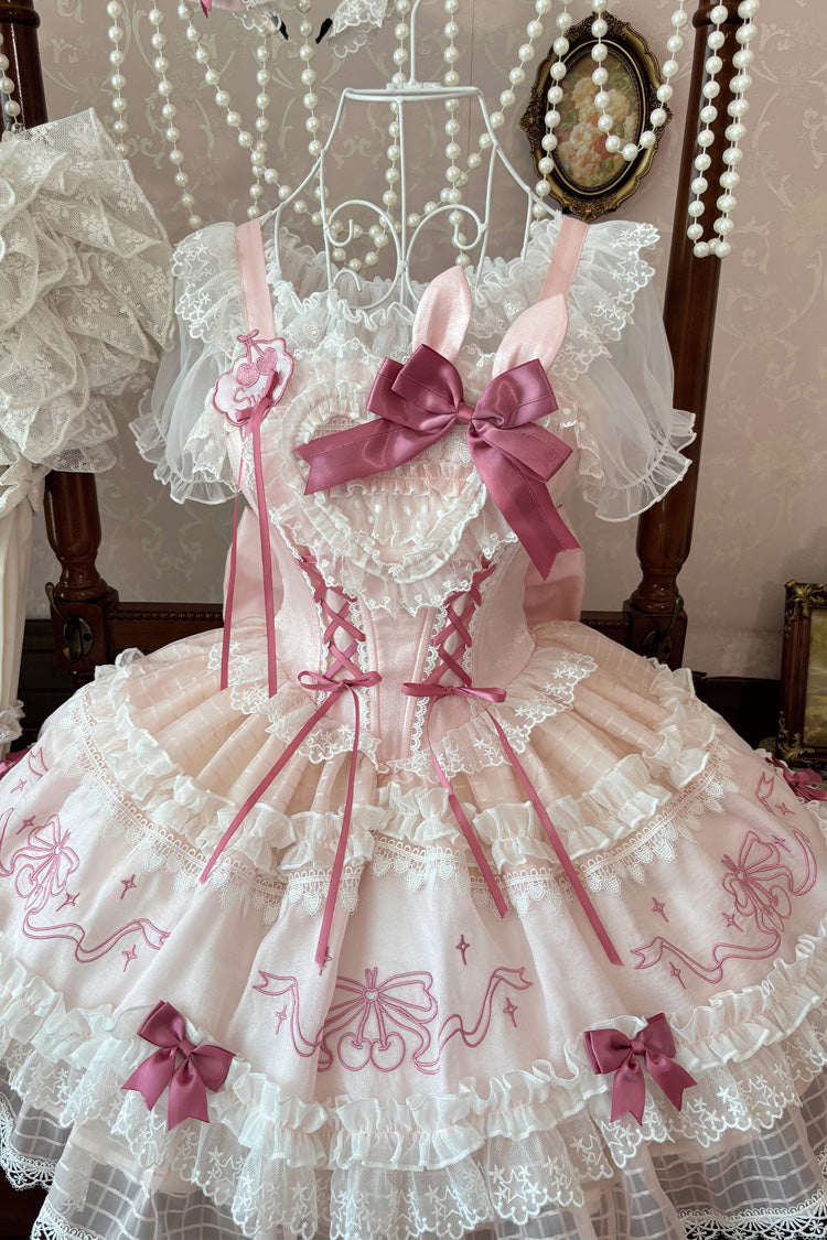 Blush Flutter-Sleeve Embroidered Square Neck Ruffled Lolita JSK - Sweetheart Bunny