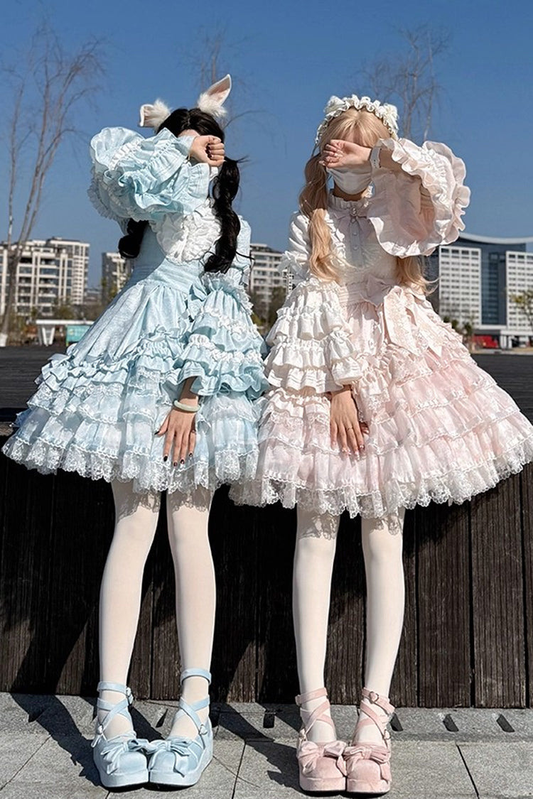 Soloist Doll Long Hime Sleeve Layered Print Ruffle Asymmetric Sweet Lolita Dress
