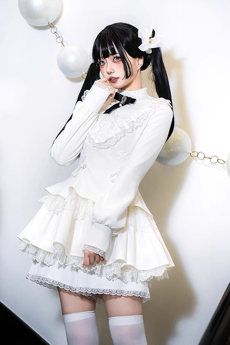 White Long Sleeve Lace-Up Sweet Handsome Lolita Dress