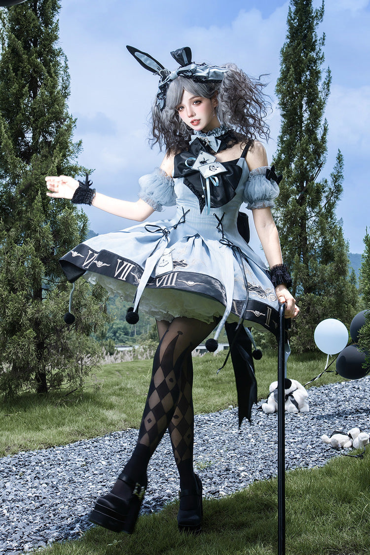 Clock Rabbit Card Game Sleeveless Jacquard Ruffle Embroidered Bow Gothic Jumper Dress