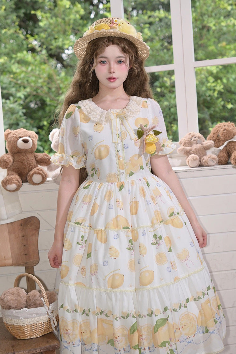 Print Ruffled Bow Lace Daily Sweet Lolita Dress - White Lemon Chicken