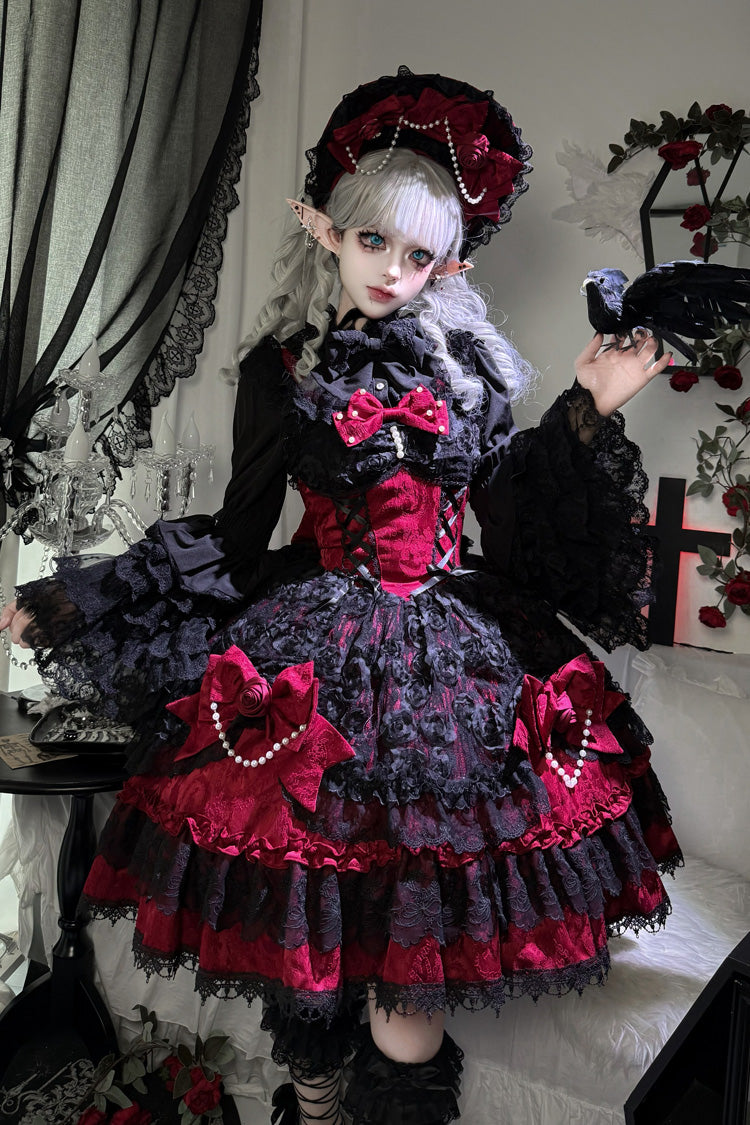 Crimson Ebony Sleeveless Ruffle Bow Lace Corset Gothic Ballet Jumper Dress - Rose Princess