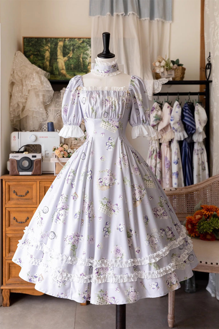 Botanical Print Ruffle-Trim Lace Summer Lolita Gown in Six Shades - Forest Basket
