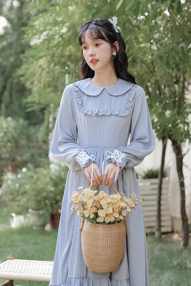 Blue Doll Collar Dress with Ruffled Sleeves - Sweet