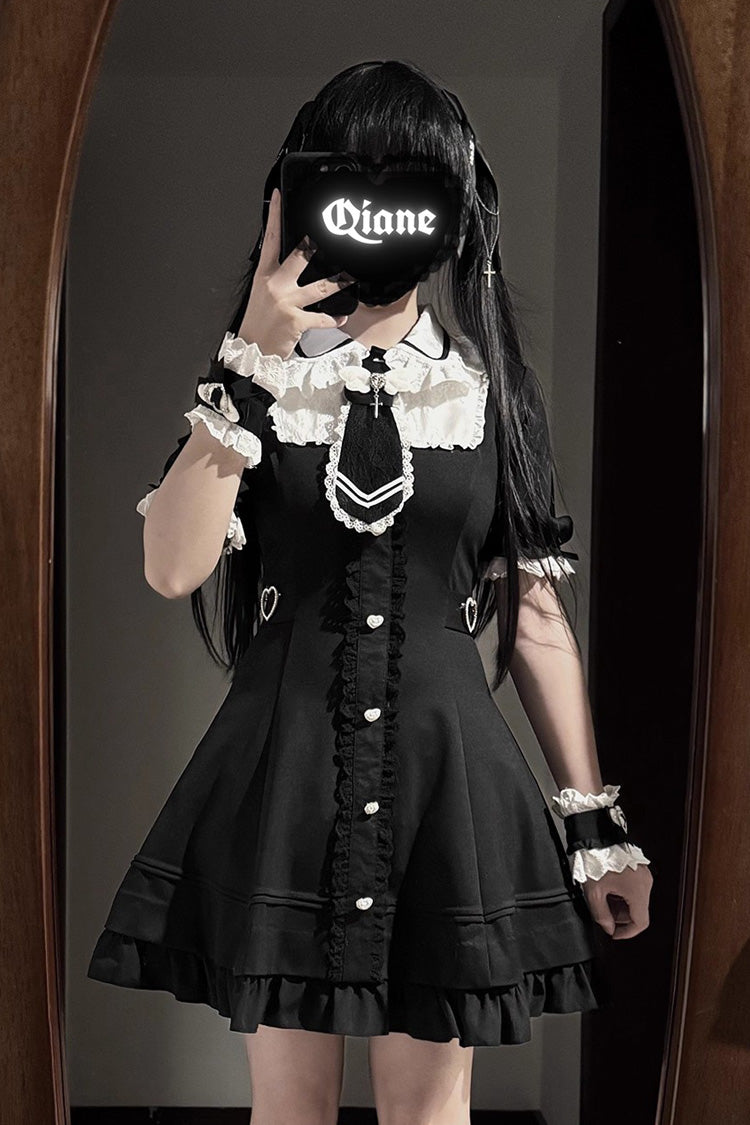 Black Short Sleeve Ruffled Bow Stitching Lace Gothic Plus Size Jirai Kei Dress