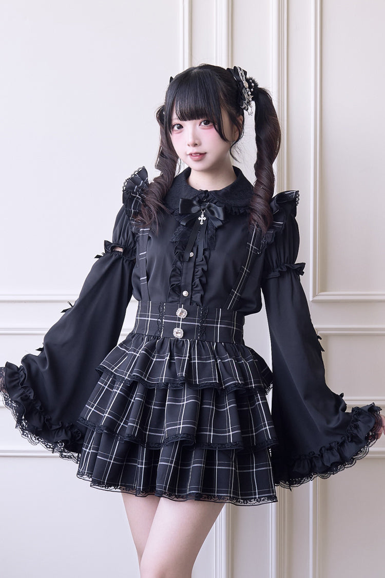 Japanese Strap Dress with Plaid Print and Ruffle