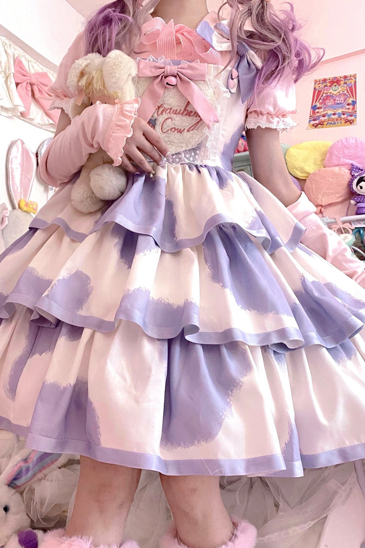 Blue Sleeveless Triple Layer Cow Print Ruffle Bow Sweet Jsk