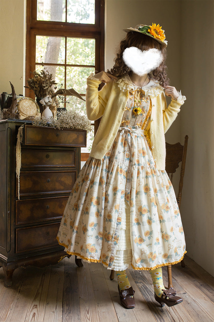 Apricot Sunflower Sleeveless Floral Bow Elegant Jsk Dress