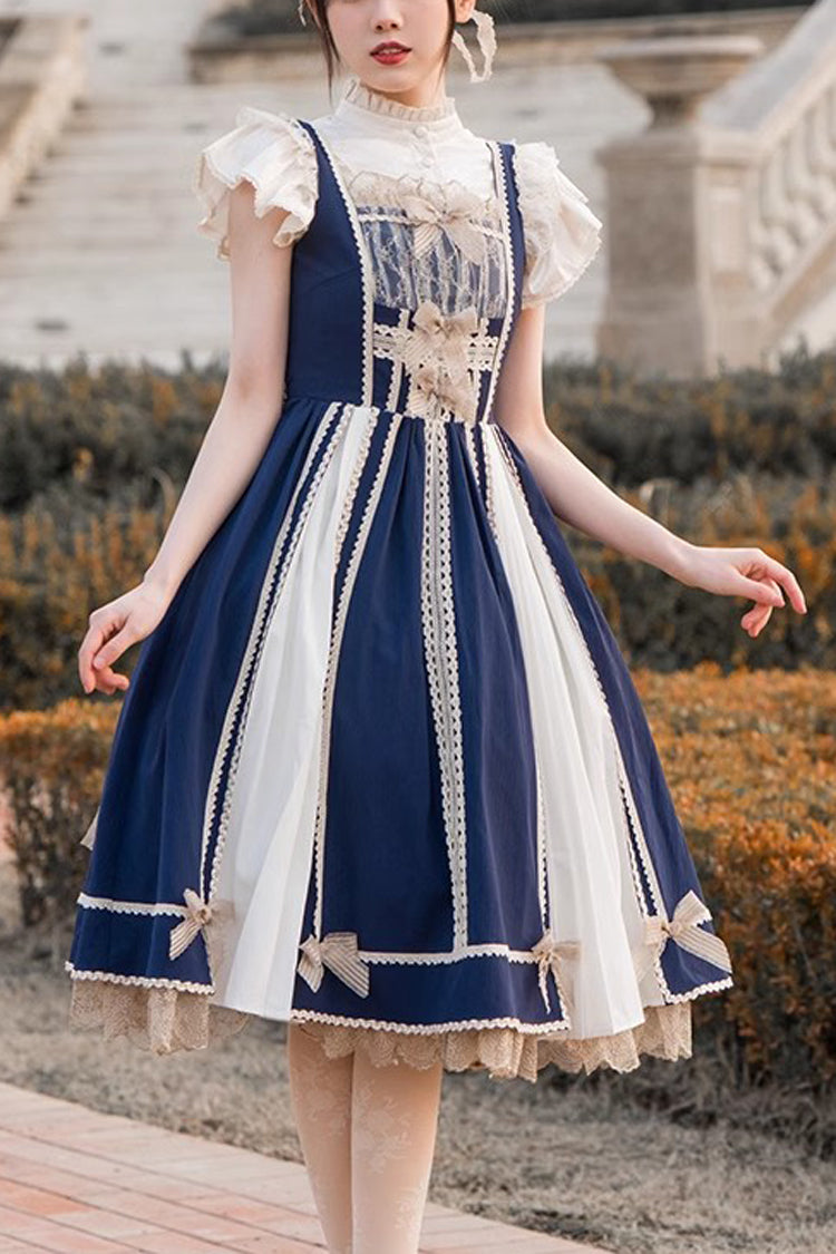 Blue White Color Contrast Sleeveless Classic Dress