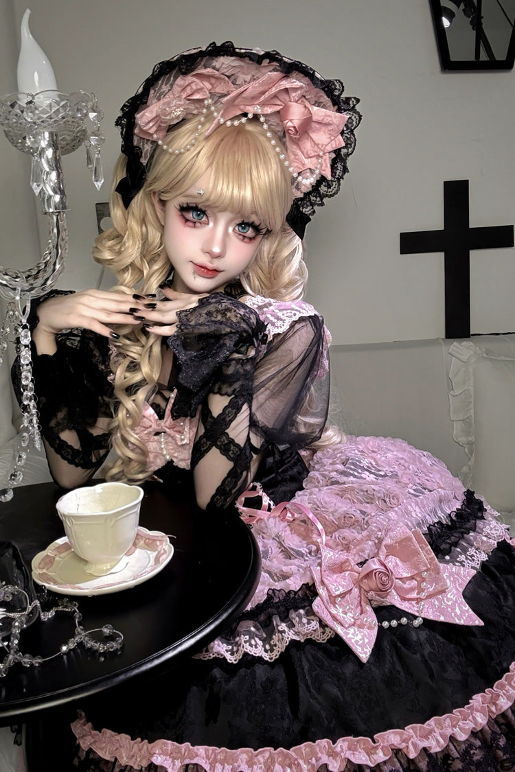 Ebony Rose Sleeveless Ruffle Bow Lace Corset Ballet Jumper Dress - Rose Princess