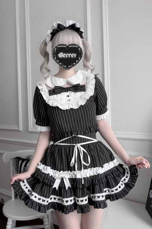 Japanese Skirt Set with Striped Print and Doll Collar