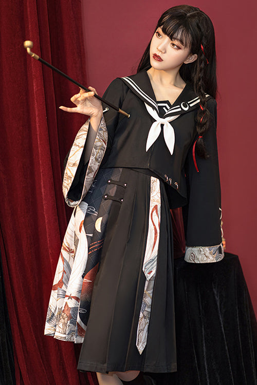 Classic Lolita Dress Set with Chinese Elements, Asymmetric Pleats and Bad Girl Print